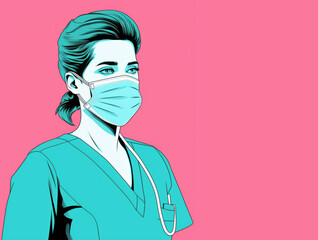 Portrait of a young female doctor or nurse wearing a face mask. cartoon sketch illustration