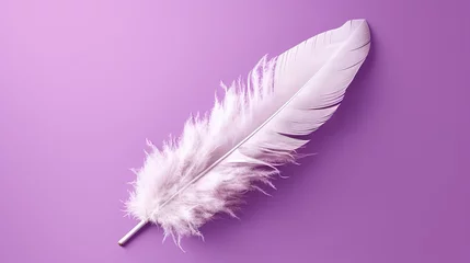 Tableaux sur verre Plumes  a white feather is laying on a purple background with a shadow.  generative ai
