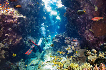 Underwater Tropical Corals Cave with Scuba Diver. Marine Life Sea World. Tropical Colourful Underwater Seascape.