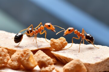 Closeup of a group of industrious ants meticulously stealing human food.