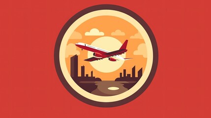  an airplane flying over a city with a sunset in the background.  generative ai