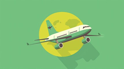  an airplane flying over a green background with a yellow circle.  generative ai