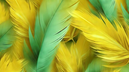  a close up of a bunch of yellow and green feathers.  generative ai