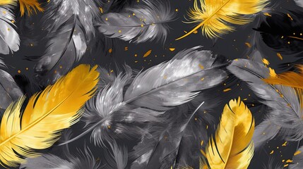  a pattern of yellow and gray feathers on a black background.  generative ai