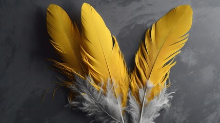  a yellow and white feather on a gray background with water.  generative ai