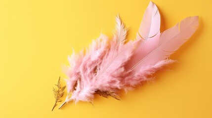  a pink feather on a yellow background next to a pink flower.  generative ai