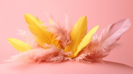  a group of feathers on top of a pink surface with a pink background.  generative ai