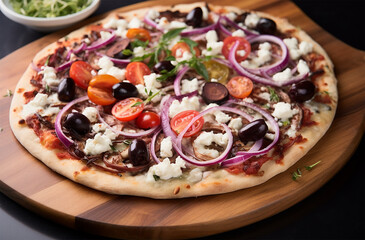 Mediterranean Pizza with toppings like feta cheese, Kalamata olives, red onions, tomatoes, and tzatziki sauce
