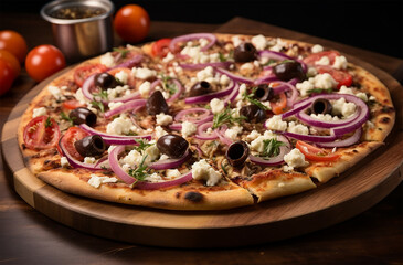 Mediterranean Pizza with toppings like feta cheese, Kalamata olives, red onions, tomatoes, and tzatziki sauce