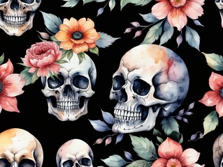 Watercolor Skull And Flowers Seamless Pattern