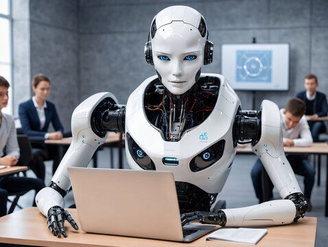 A Robot Sitting At A Table With A Laptop