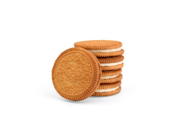 Stack of shortbread cookies with coconut filling isolated on white background.