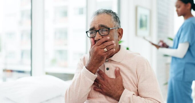 Consultation, coughing or sick old man in hospital appointment for wellness or medical help. Chest pain, tuberculosis or senior patient with cold or lung problem for nursing in clinic for healthcare