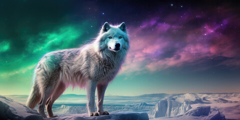 White wolf at night, illuminated by the Northern Lights 