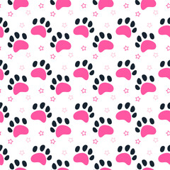 Pattern of cat paws with little stars. Cartoon pink pattern of cat tracks.