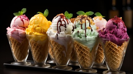  a row of ice cream cones sitting on top of a metal tray.  generative ai