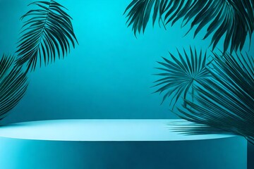 For the display of a cosmetic product, a blue backdrop with shadows of palm leaves is abstract. a setting with a symmetrical background. Podium for natural eco