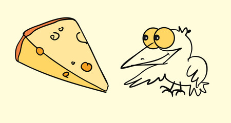 Crow and cheese. Vector drawing, eps