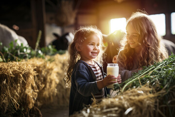A charming rural setting with the little girl visiting a dairy farm, holding a glass of fresh milk while petting a friendly cow. Generative AI - obrazy, fototapety, plakaty