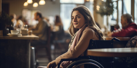 Glamorous woman in wheelchair in coffee shop 