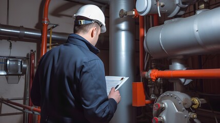 Professional engineer inspecting heating system in preparation for the winter season. He is performing a safety and efficiency checkup to ensure the system is functioning optimally and safely.