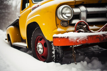 Vintage old yellow pickup truck close upon the snowy road