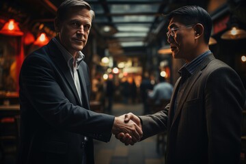 A European or US businessman shakes hands with an Asian businessman, standing on a street or at a factory, symbolizing international business collaboration.