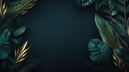  a dark green and gold background with tropical leaves and plants.  generative ai - obrazy, fototapety, plakaty