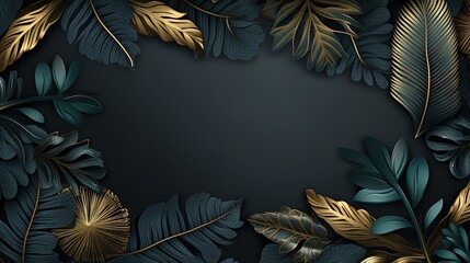  a black background with gold leaves and a black background with gold leaves.  generative ai