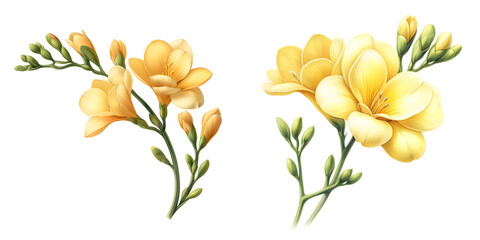 Yellow Freesia flower in watercolor, transparent background   - obrazy, fototapety, plakaty