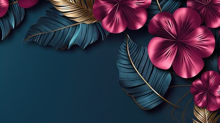  a blue and pink background with pink flowers and gold leaves.  generative ai - obrazy, fototapety, plakaty