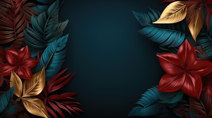  a dark background with red and green leaves and flowers on it.  generative ai