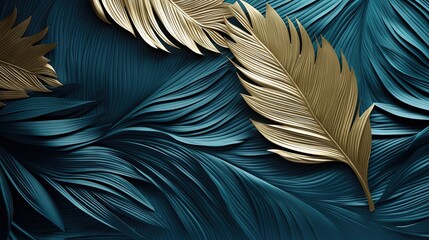  a close up of a blue and gold wallpaper with leaves.  generative ai