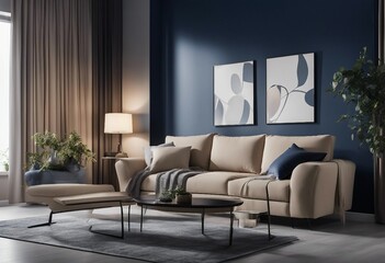 Beige corner sofa in room with dark blue walls Interior design of modern living room