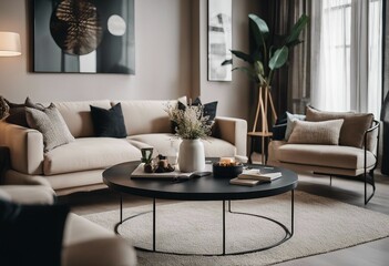 Black round coffee table near beige sofa with multicolored pillows Scandinavian style home interior