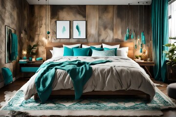 Gorgeous, cozy, modern bedroom with turquoise accents