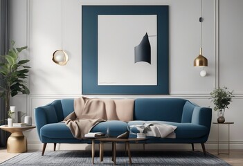 Blue sofa against white wall with art poster frame Mid-century style interior design of modern living room