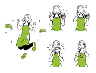 Set of Illustrations of a Homemaker Managing Finances. - obrazy, fototapety, plakaty
