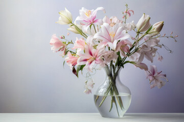 Beautiful bunch of fresh fragrant lilies on a light background.