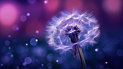  a dandelion with purple and blue lights in the background.  generative ai