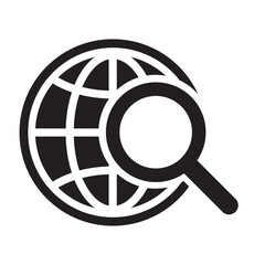 Magnifier and globe icon, search for a place on a map or on the globe icon. The icon of the magnifying glass and planet Earth.