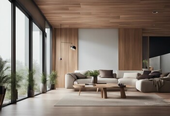 Minimalist interior design of modern living room with two sofas and wooden planks ceiling technology