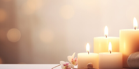 Christmas candles on the table, pastel background with free space for text.