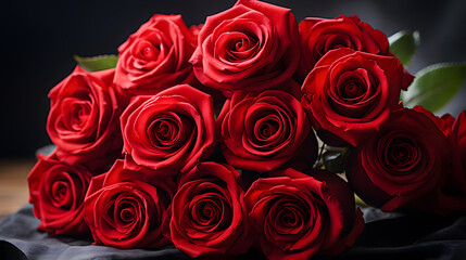 Obraz premium A bouquet of vibrant red roses takes center stage, symbolizing love in its most beautiful and raw form, making it the perfect image for Valentine's Day.