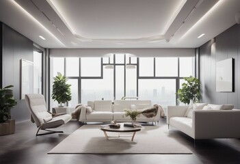 Vaulted ceiling in a room with two white sofas and armchairs Interior design of modern living room
