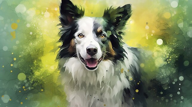  a painting of a black and white dog with yellow eyes.  generative ai