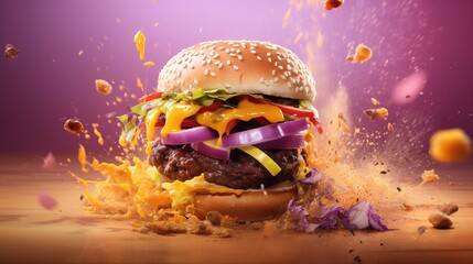  a hamburger with a lot of confetti falling out of it.  generative ai - obrazy, fototapety, plakaty
