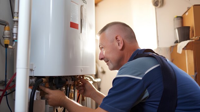 Professional plumber installing a new boiler water heater in a residential home. Inspecting the homes heating system to ensure its functioning properly and efficiently. Winter season job for hot water