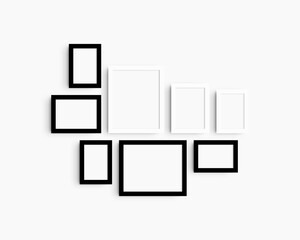 Gallery wall mockup set, 8 black and white frames. Modern frame mockup. Horizontal, vertical frames, 4x6 (2:3), 6x4 (3:2), 5x7 (5:7), 7x5 (7:5), 8x10 (4:5), 10x8 (5:4) inches. White wall.
