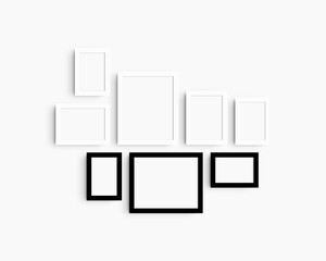 Gallery wall mockup set, 8 black and white frames. Modern frame mockup. Horizontal, vertical frames, 4x6 (2:3), 6x4 (3:2), 5x7 (5:7), 7x5 (7:5), 8x10 (4:5), 10x8 (5:4) inches. White wall.